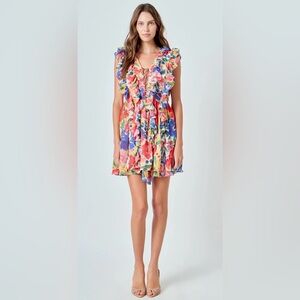 Vici Floral Ruffle V-Neck Mini Dress sz XS, lace tie front.